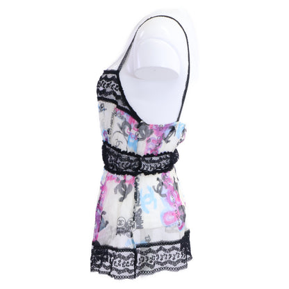 CHANEL 07C P29955V19739 Silk Graffiti CC Lace-Trim Camisole Tops