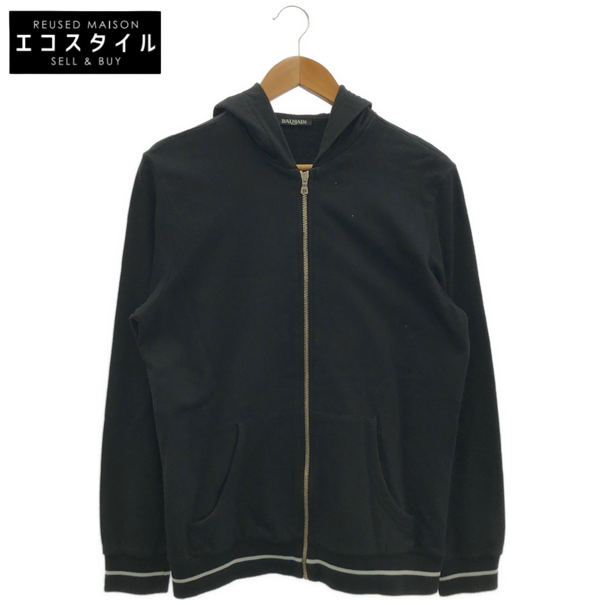 BALMAIN バルマン ブラック コットン ジップアップ パーカー トップス