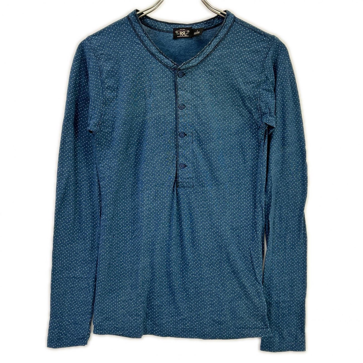 RRL ダブルアールエル ブルー インディゴ ドット柄 ヘンリーネック 長袖 Tシャツ カットソー トップス