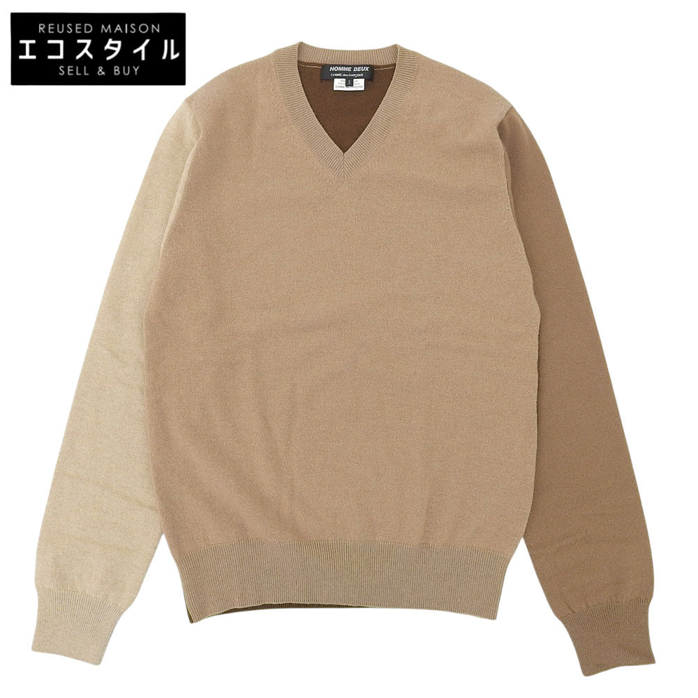 COMMEdesGARCONS HOMME DEUX コムデギャルソンオムドゥ ライトブラウン×ブラウンパターン Vネック ニット ウール トップス メンズ S トップス