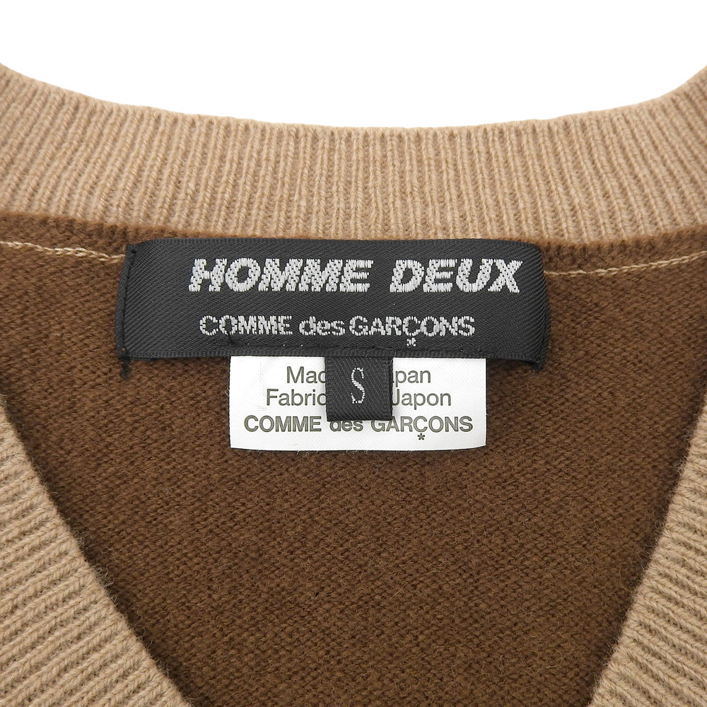 COMMEdesGARCONS HOMME DEUX コムデギャルソンオムドゥ ライトブラウン×ブラウンパターン Vネック ニット ウール トップス メンズ S トップス