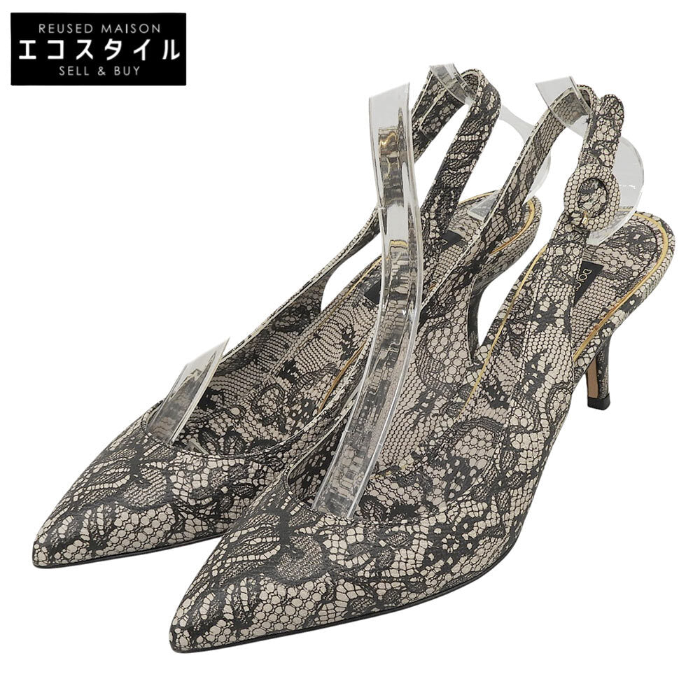 DOLCE&GABBANA ドルチェアンドガッバーナ 美品 レース総柄 ベルトパンプス シューズ レディース ホワイト×ブラック 35 17101 シューズ