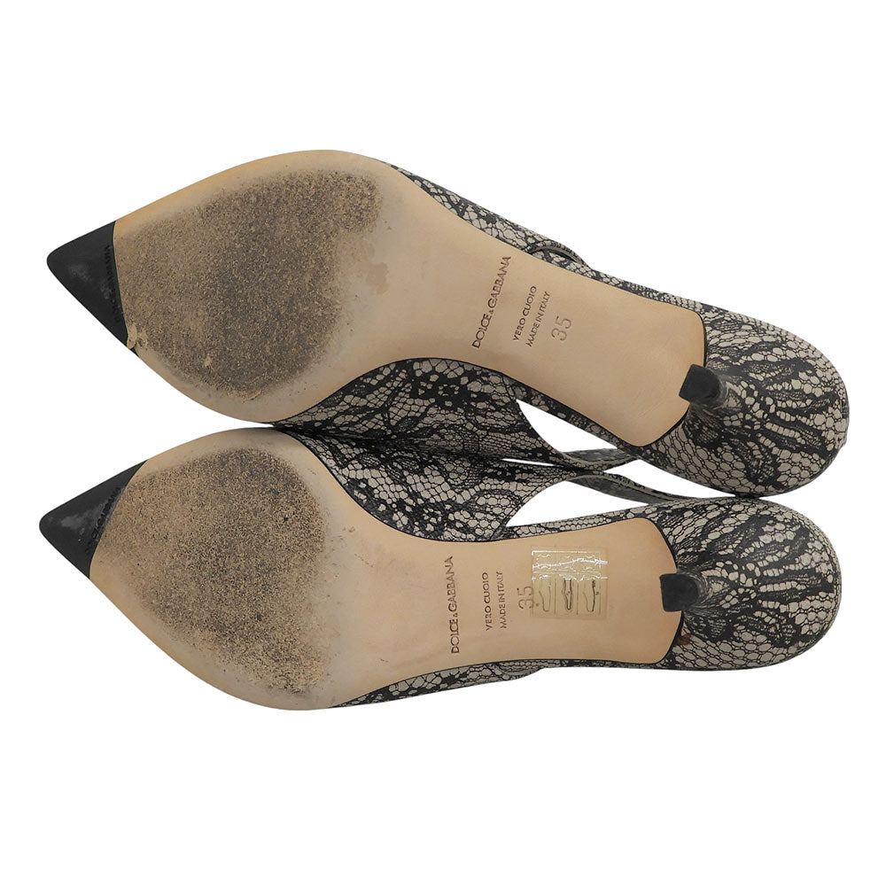 DOLCE&GABBANA ドルチェアンドガッバーナ 美品 レース総柄 ベルトパンプス シューズ レディース ホワイト×ブラック 35 17101 シューズ