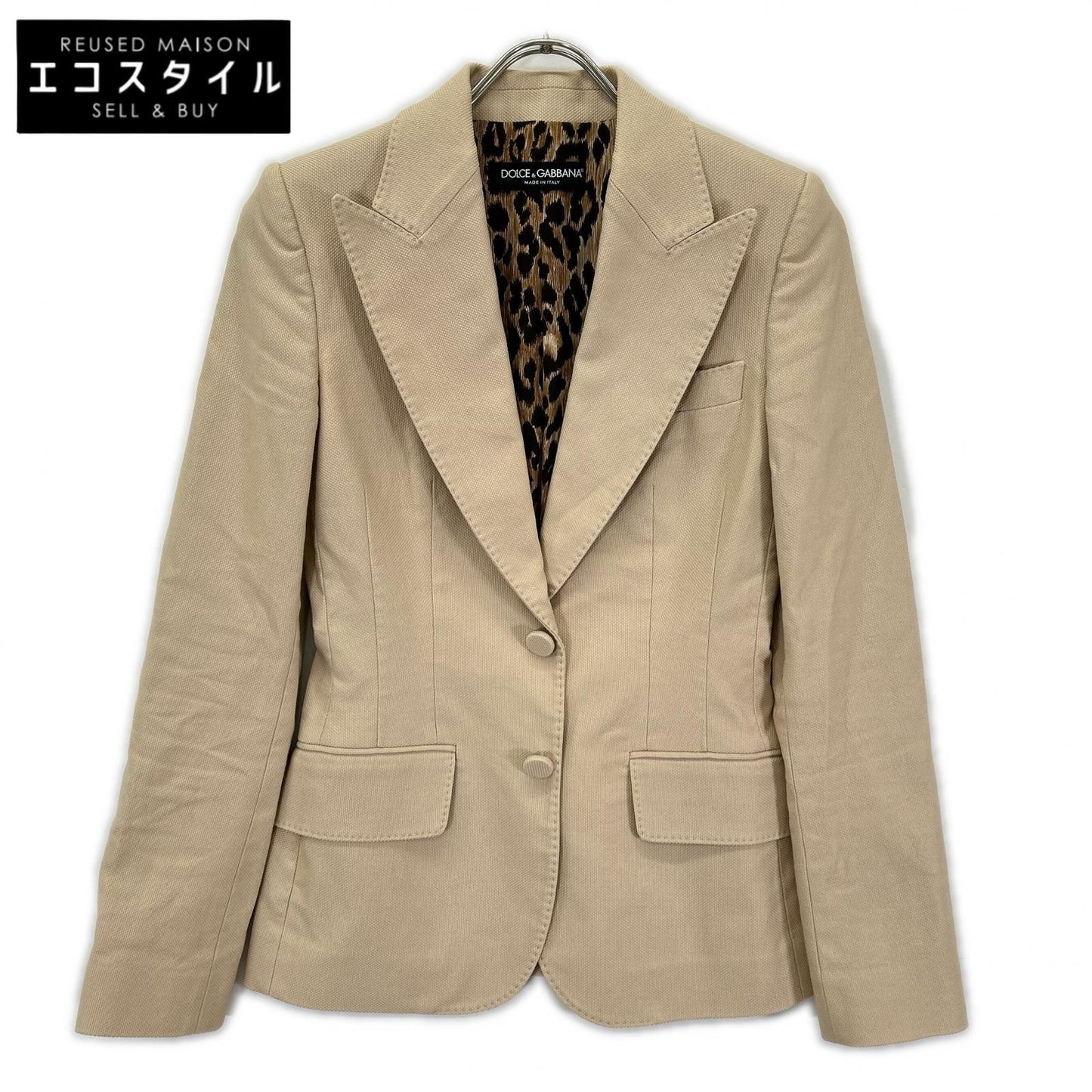 DOLCE&GABBANA ドルチェアンドガッバーナ F29P1T FUFFO ベージュ ピークドラペル レオパードライニング サイドベンツ テーラードジャケット ジャケット