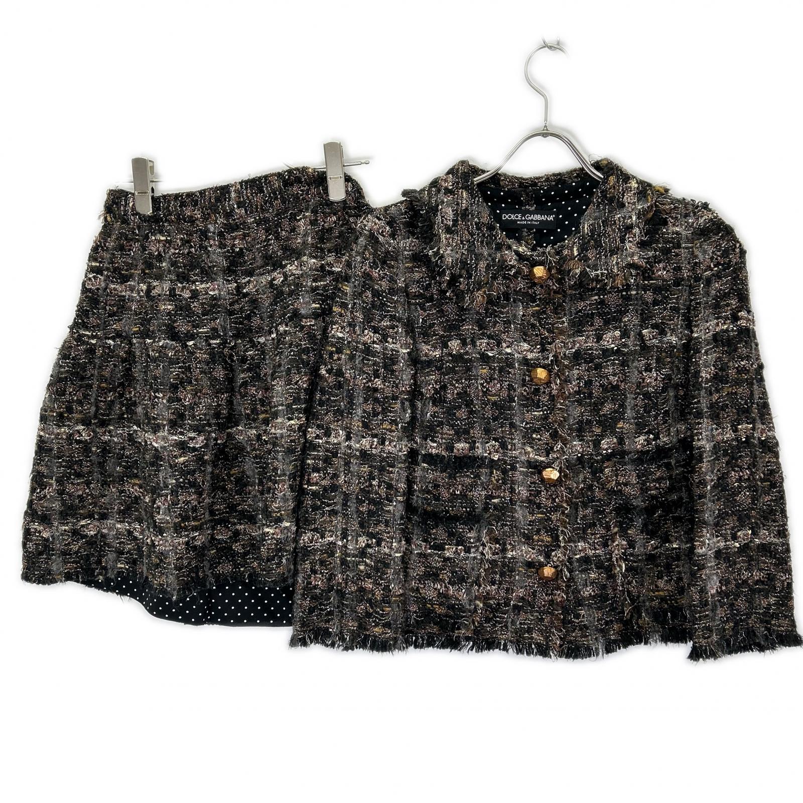 DOLCE&GABBANA ドルチェアンドガッバーナ F250PT FMMB9 ブラック系 ツイード ジャケット スカート セットアップ スーツ セットアップ