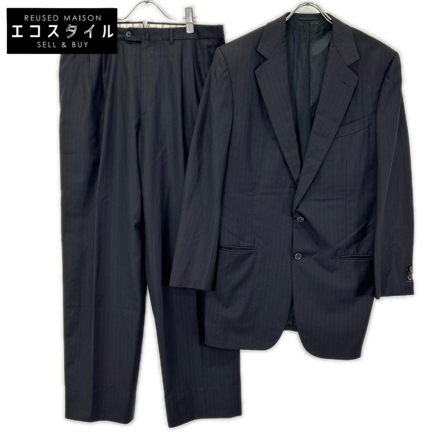 Ermenegildo Zegna エルメネジルドゼニア クチュール ブラック ストライプ ウール ジャケット、パンツ トロフェオ 2Pスーツ スーツ セットアップ