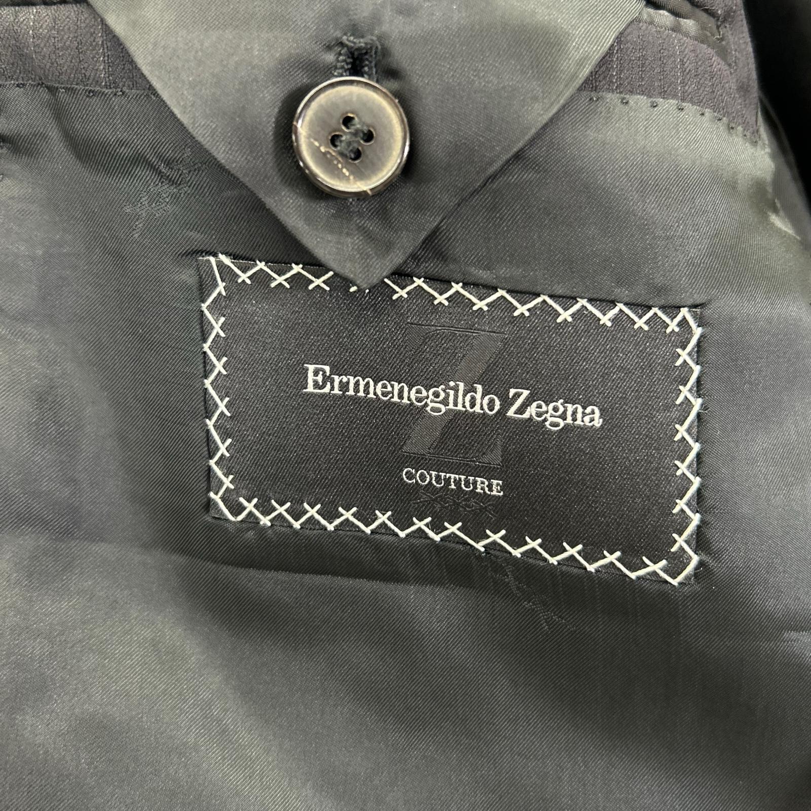 Ermenegildo Zegna エルメネジルドゼニア クチュール ブラック ストライプ ウール ジャケット、パンツ トロフェオ 2Pスーツ スーツ セットアップ