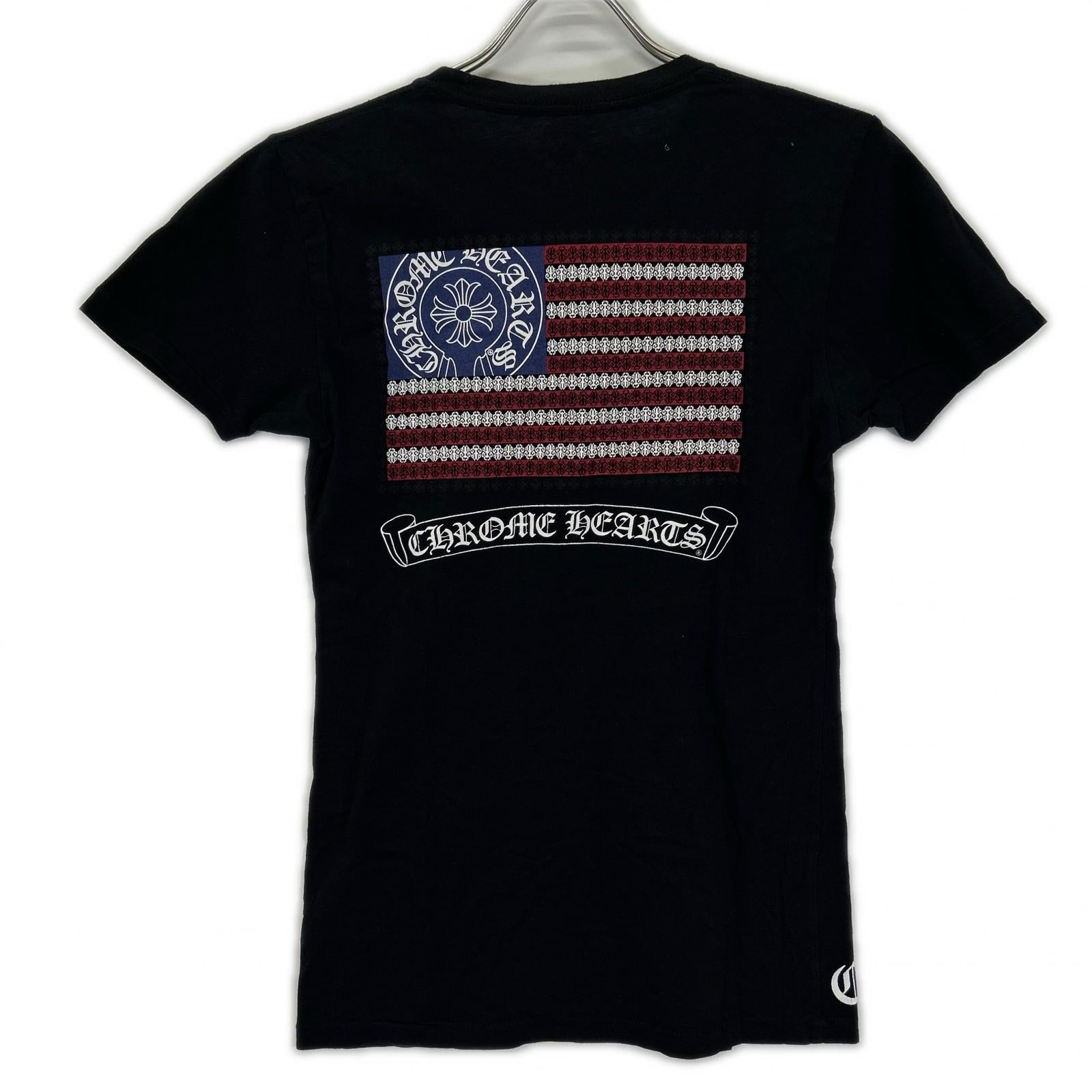 Chrome hearts クロムハーツ ブラック アメリカンフラッグ 星条旗 スクロールラベル 半袖Tシャツ トップス