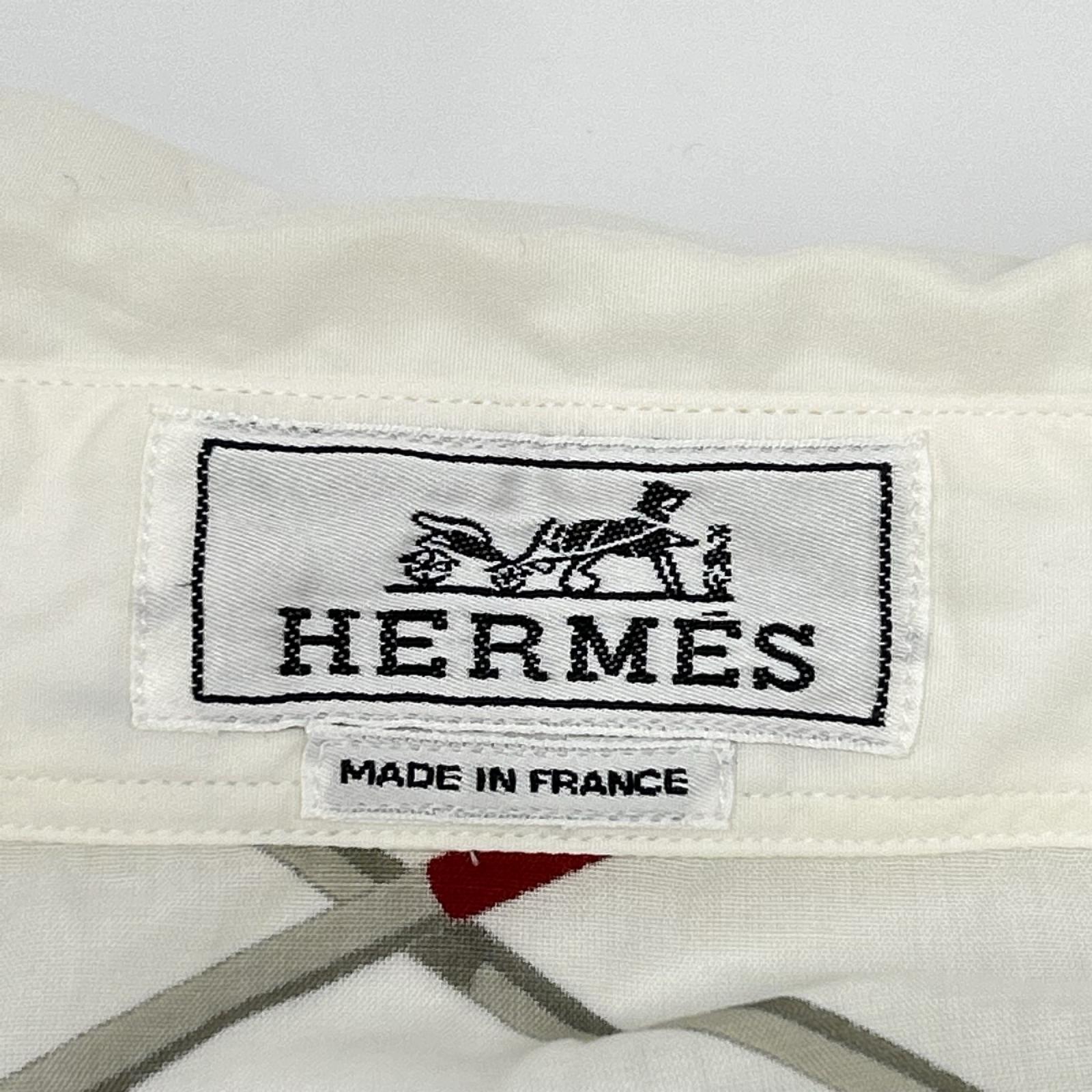 HERMES エルメス ホワイト 総柄 コットン バックプリント 袖セリエボタン 長袖シャツ トップス