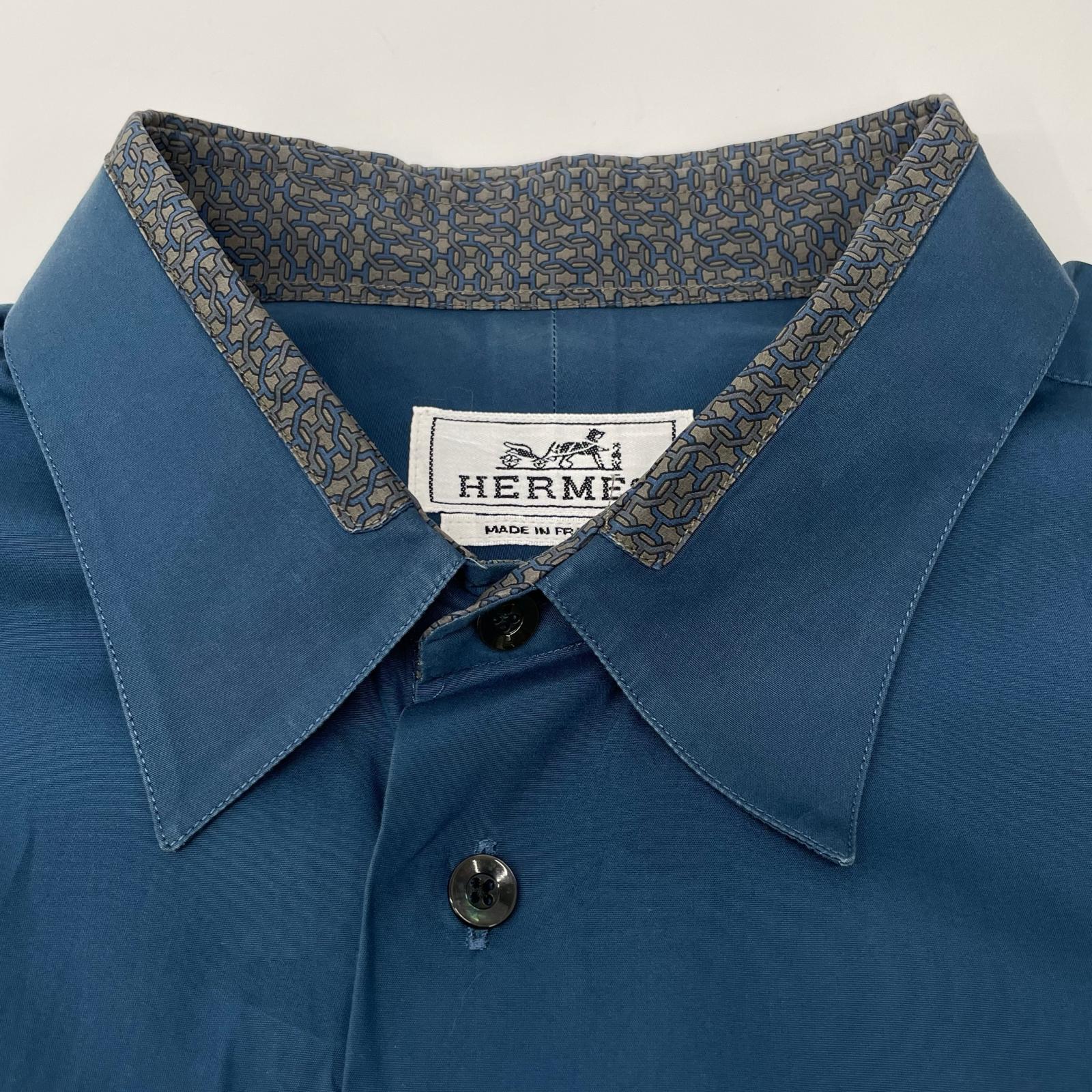 HERMES エルメス ブルー コットン 袖セリエボタン 長袖シャツ トップス