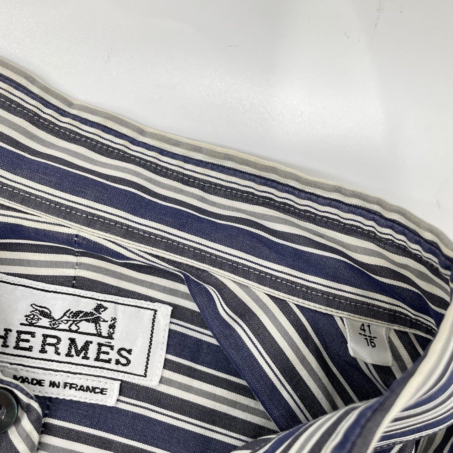 HERMES エルメス ホワイト×グレー ストライプ コットン 袖セリエボタン 長袖シャツ トップス