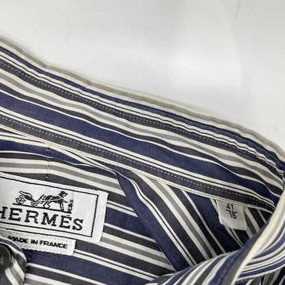 HERMES エルメス ホワイト×グレー ストライプ コットン 袖セリエボタン 長袖シャツ トップス