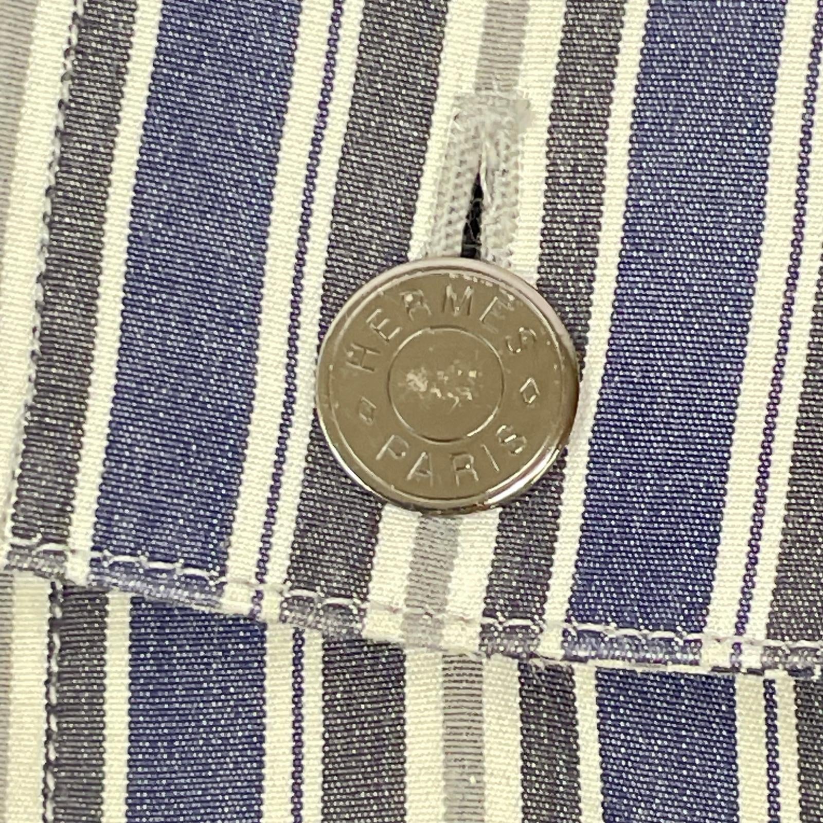 HERMES エルメス ホワイト×グレー ストライプ コットン 袖セリエボタン 長袖シャツ トップス