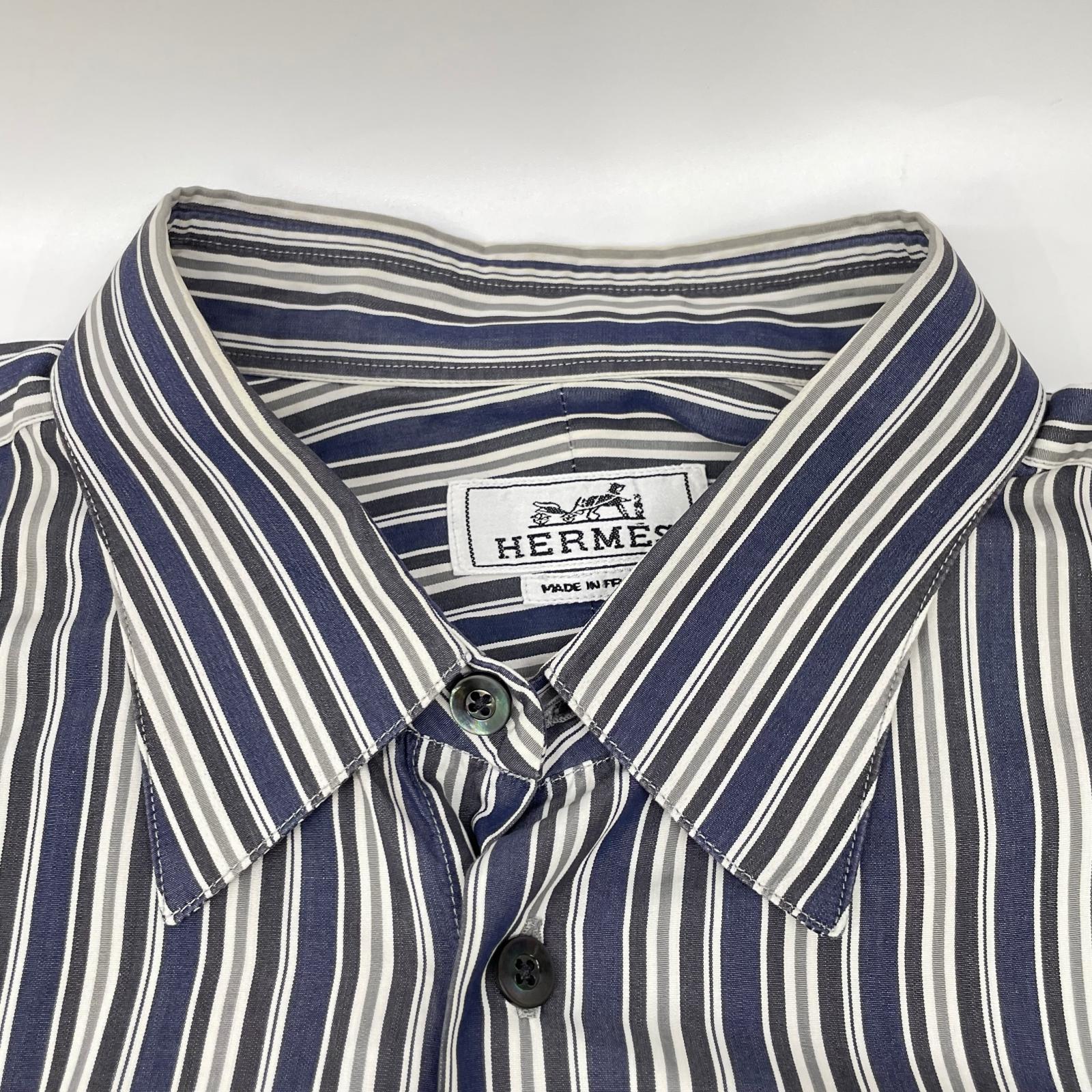 HERMES エルメス ホワイト×グレー ストライプ コットン 袖セリエボタン 長袖シャツ トップス
