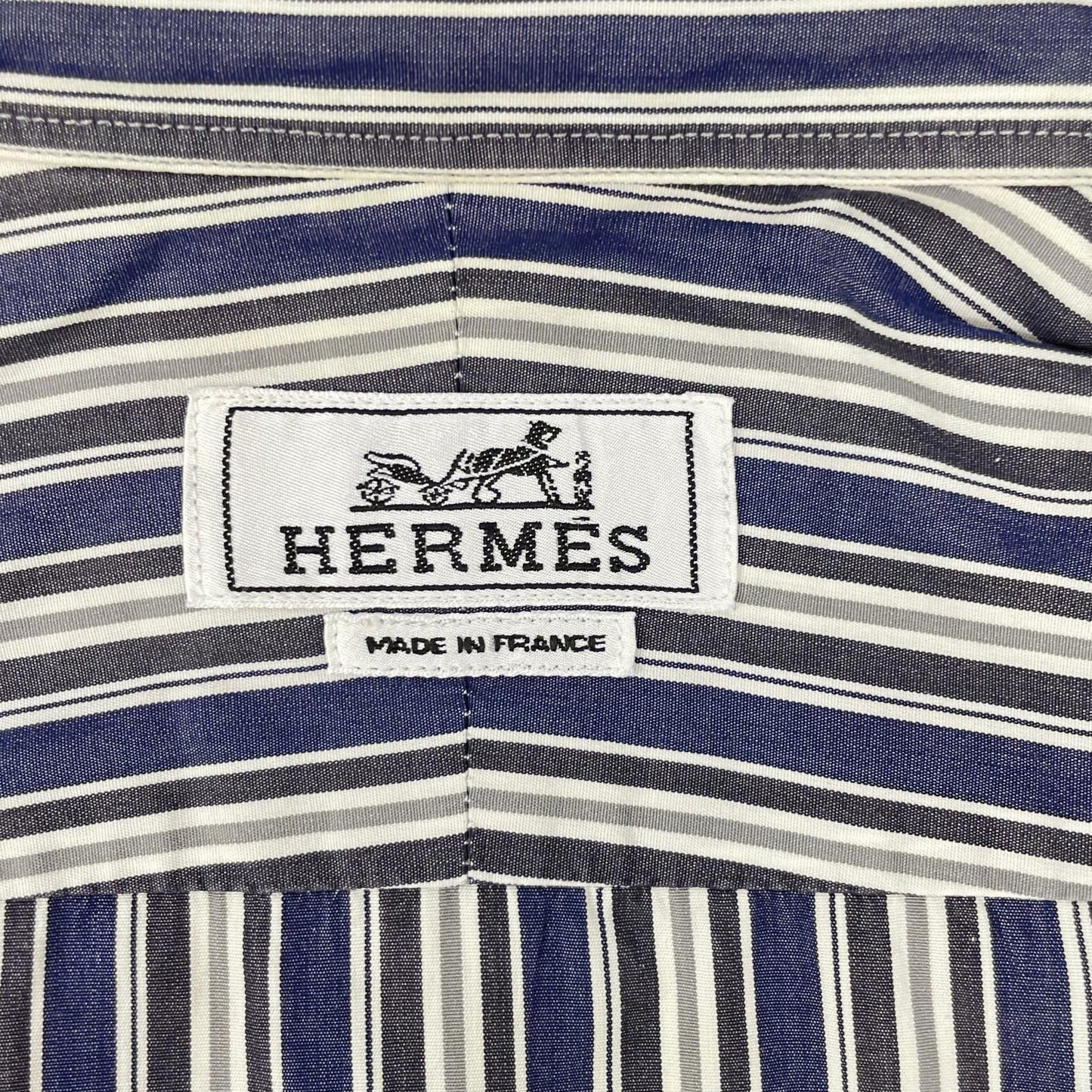 HERMES エルメス ホワイト×グレー ストライプ コットン 袖セリエボタン 長袖シャツ トップス