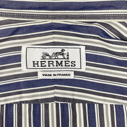 HERMES エルメス ホワイト×グレー ストライプ コットン 袖セリエボタン 長袖シャツ トップス