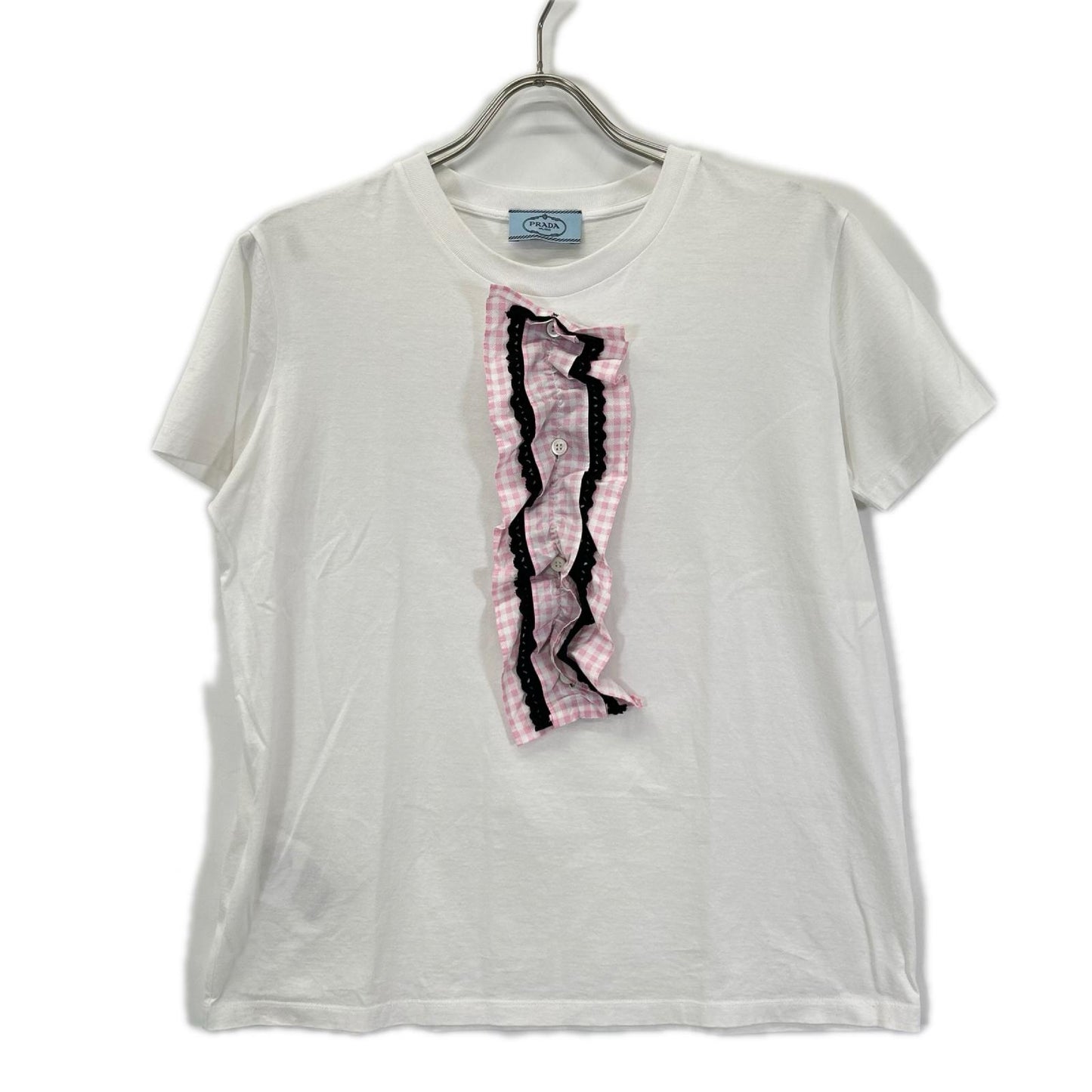 PRADA プラダ 17年 ホワイト デタッチャブル ピンクフリル Tシャツ トップス