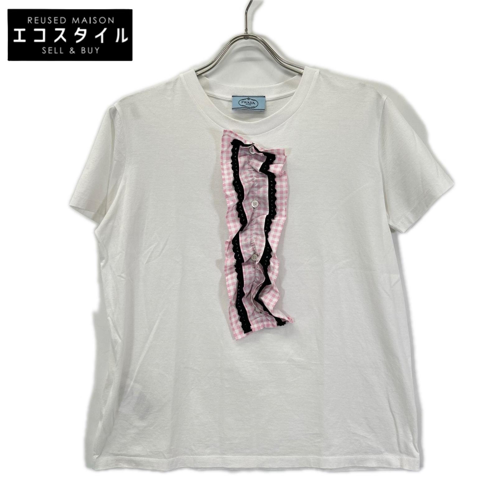 PRADA プラダ 17年 ホワイト デタッチャブル ピンクフリル Tシャツ トップス