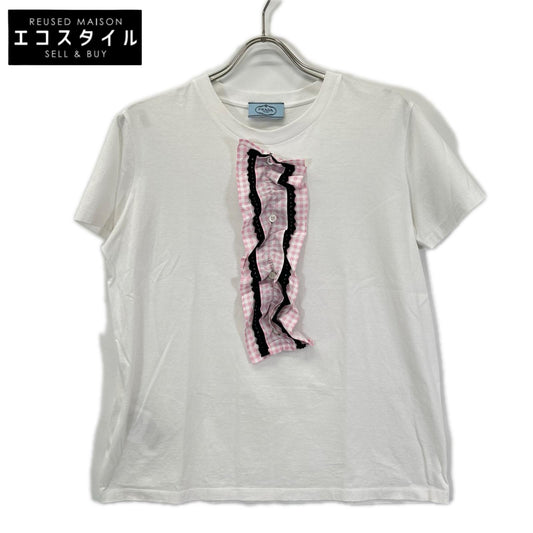 PRADA プラダ 17年 ホワイト デタッチャブル ピンクフリル Tシャツ トップス