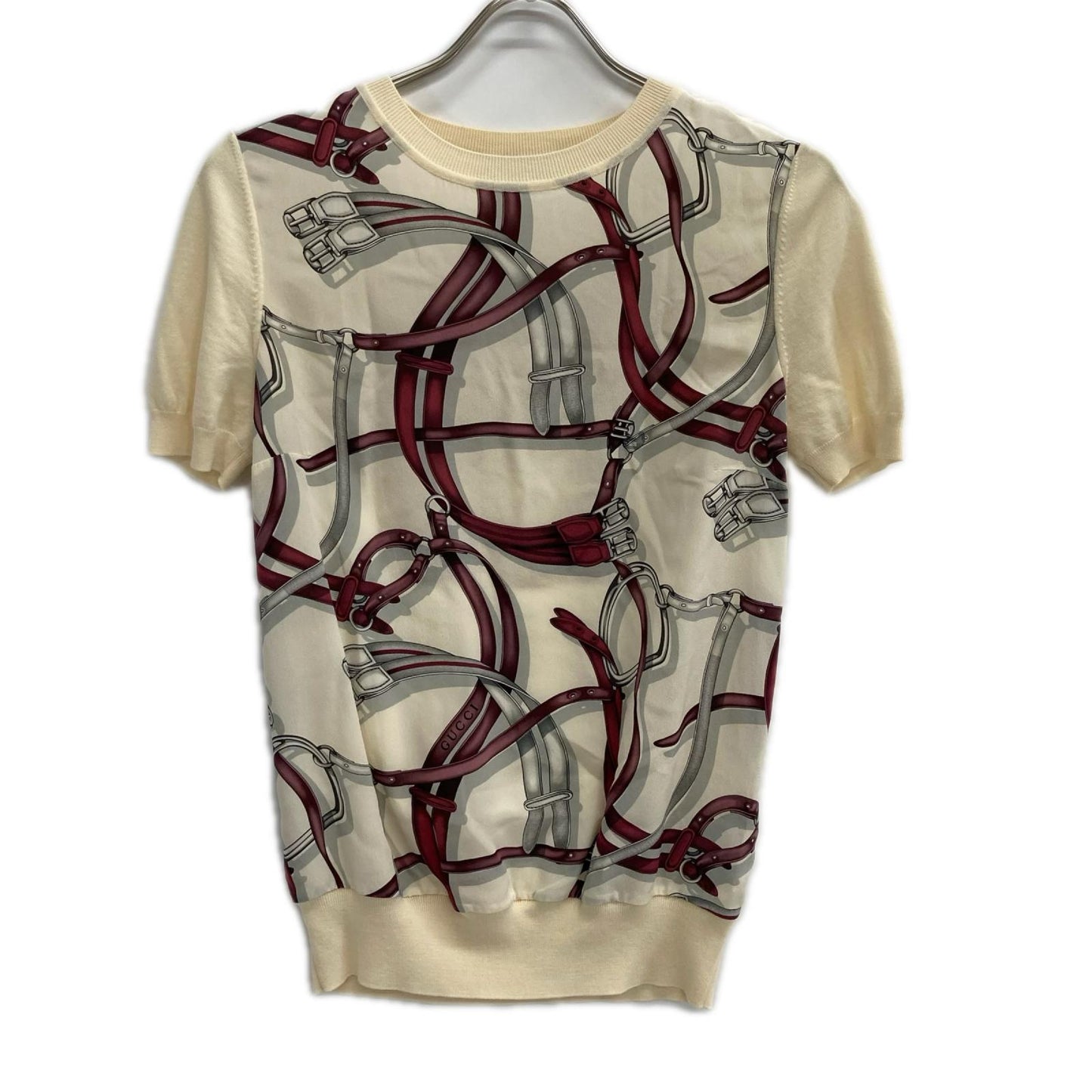 GUCCI グッチ 395797 アイボリー シルク×ウール 切替 柄 半袖ニット トップス