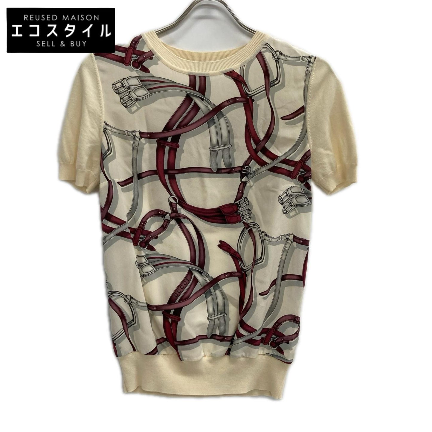 GUCCI グッチ 395797 アイボリー シルク×ウール 切替 柄 半袖ニット トップス