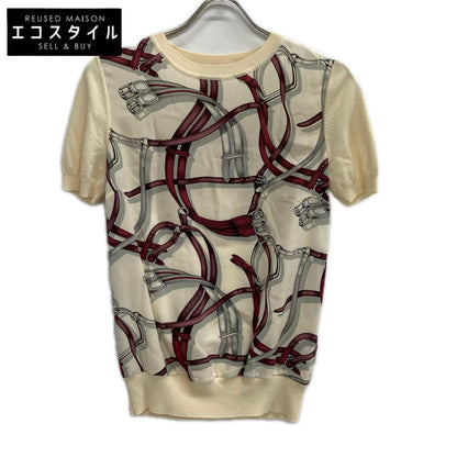 GUCCI グッチ 395797 アイボリー シルク×ウール 切替 柄 半袖ニット トップス
