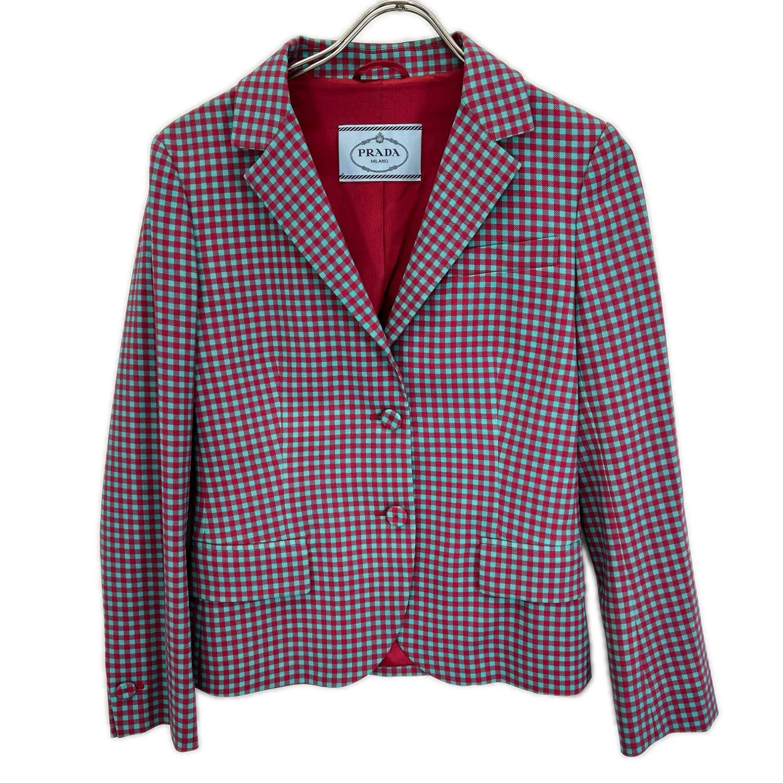 PRADA プラダ P577A S132 レッド×ターコイズ ギンガムチェック テーラードジャケット ジャケット