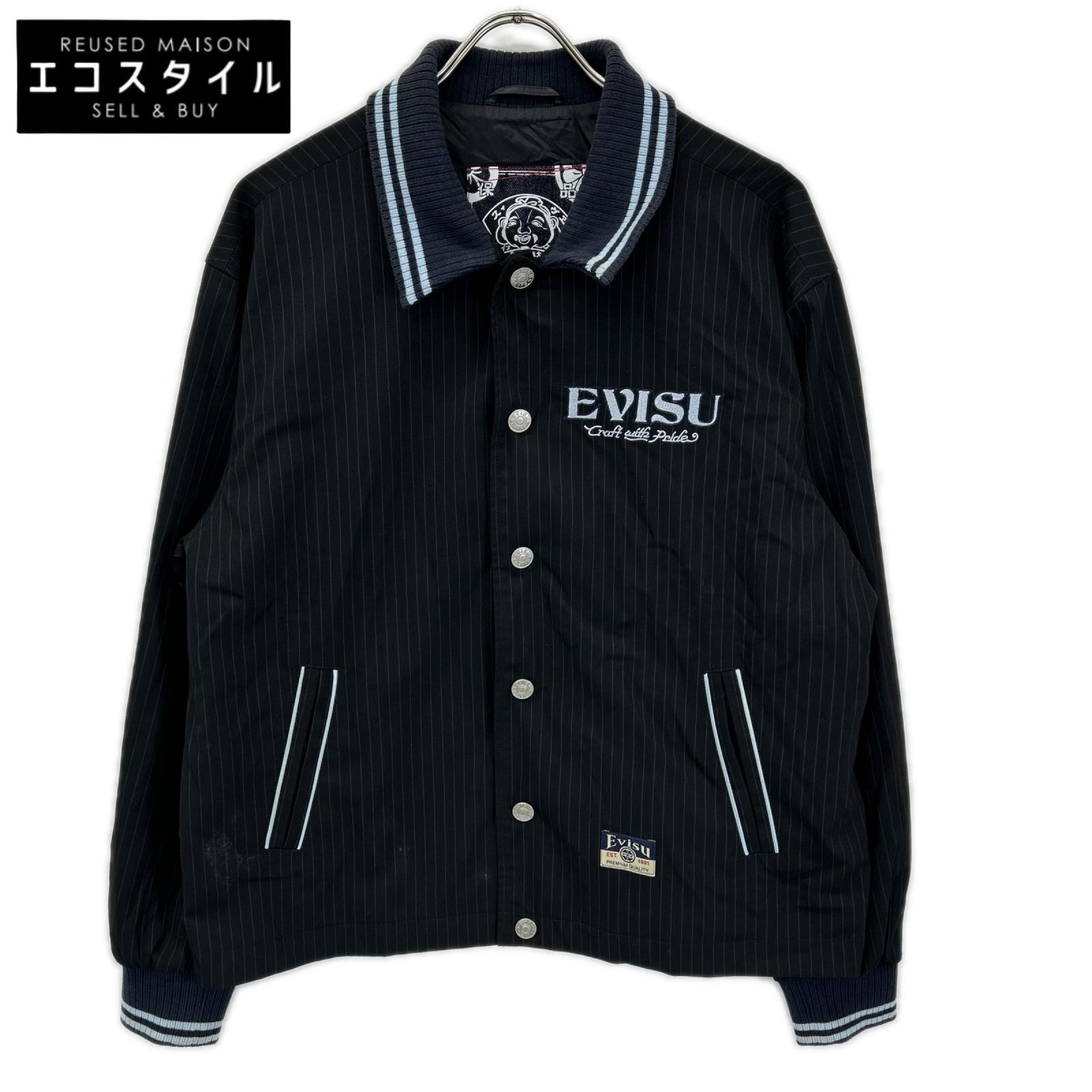 EVISU エヴィス ブラック ロゴとスローガン刺繍 レギュラーフィットストライプスーツコーチジャケット ジャケット