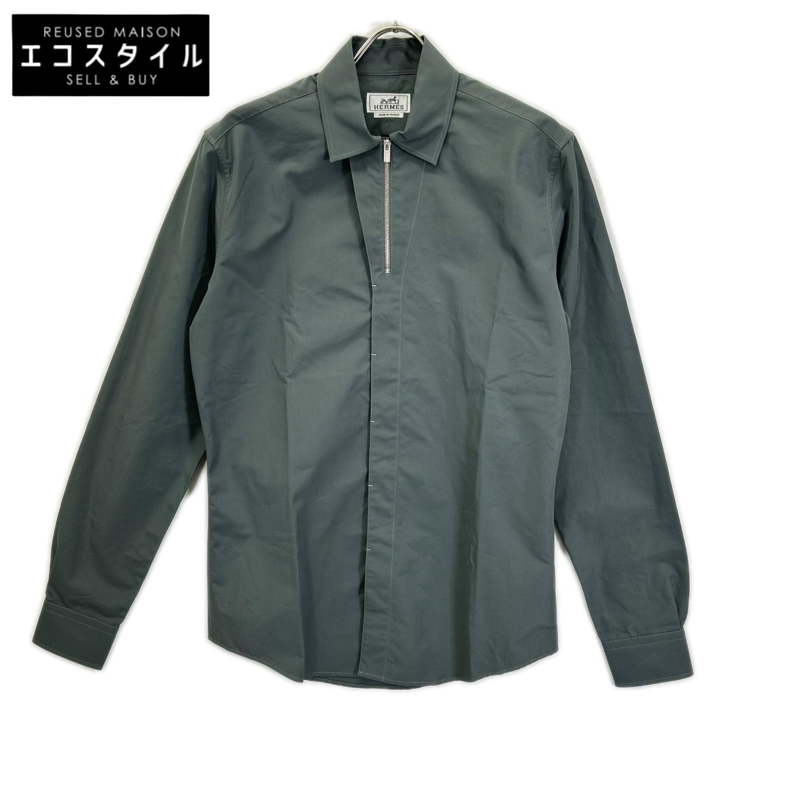 HERMES エルメス 92-5617 グレー ハーフジップ コットン 長袖シャツ トップス