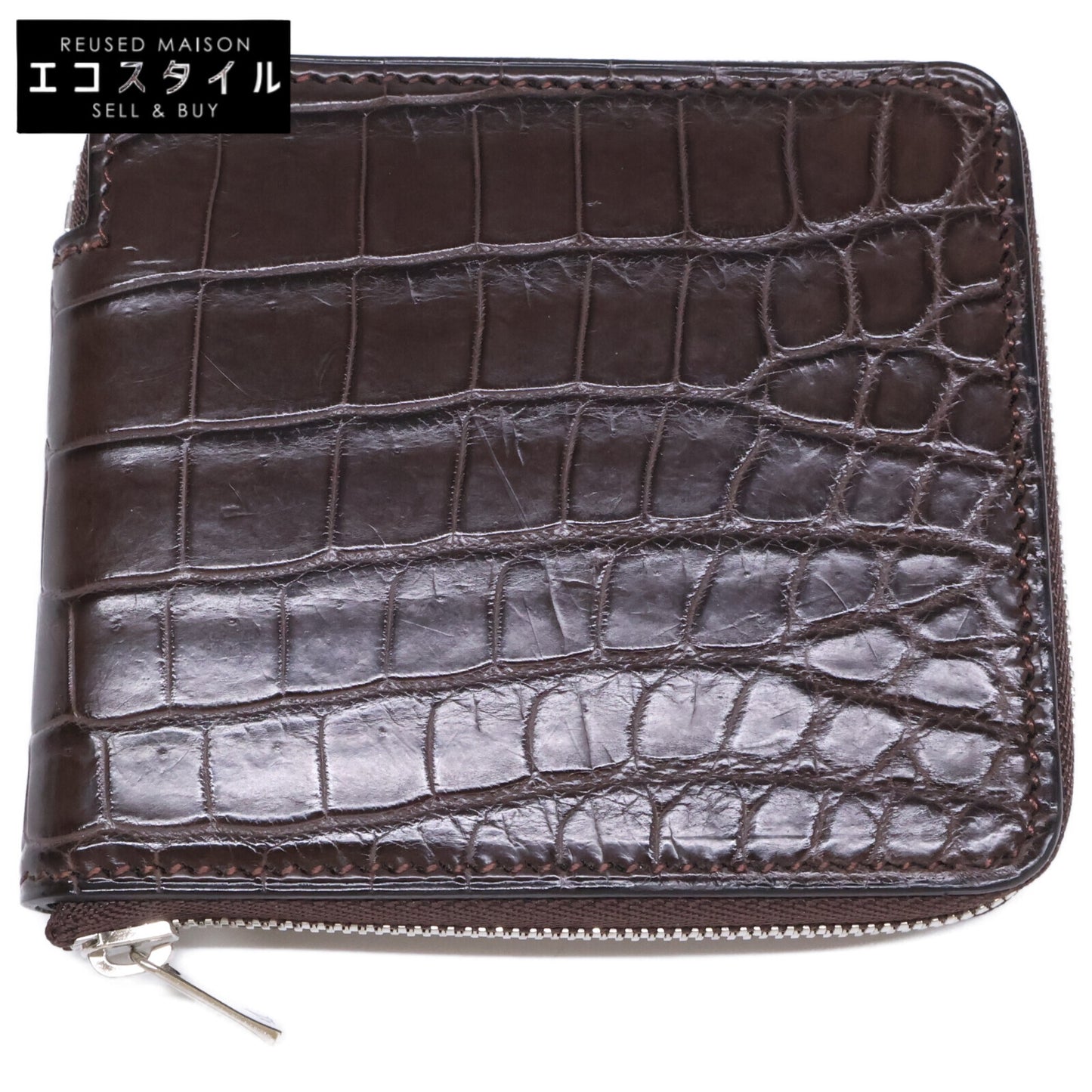 MANSOU 万双 【美品】m00000383 クロコダイル ラウンド二つ折り財布 二つ折り財布（小銭入れあり）