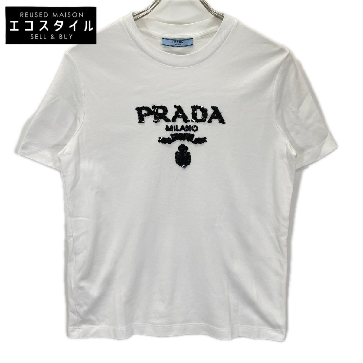 PRADA プラダ 23年製 35838R ホワイト スパンコールロゴ 半袖Tシャツ トップス