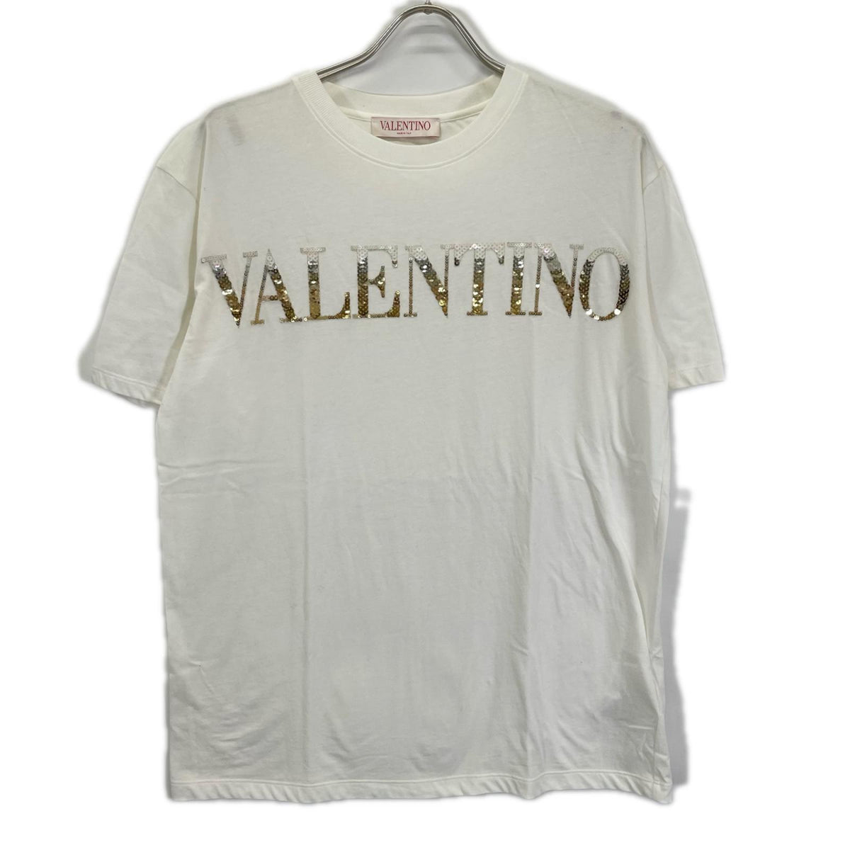 VALENTINO ヴァレンティノ 1B3MG18W7DN ホワイト スパンコール ロゴ 半袖Tシャツ トップス