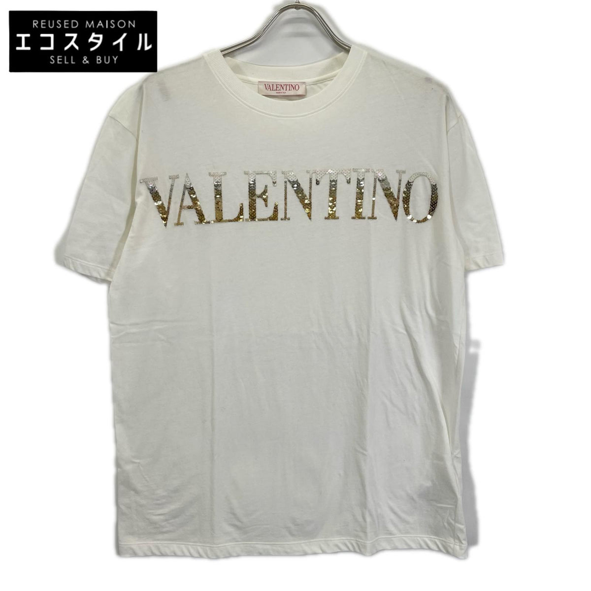 VALENTINO ヴァレンティノ 1B3MG18W7DN ホワイト スパンコール ロゴ 半袖Tシャツ トップス