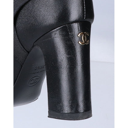 CHANEL シャネル 美品 23A G45096 ココマークトゥ チェーン チャンキーヒール レザーロングブーツ シューズ
