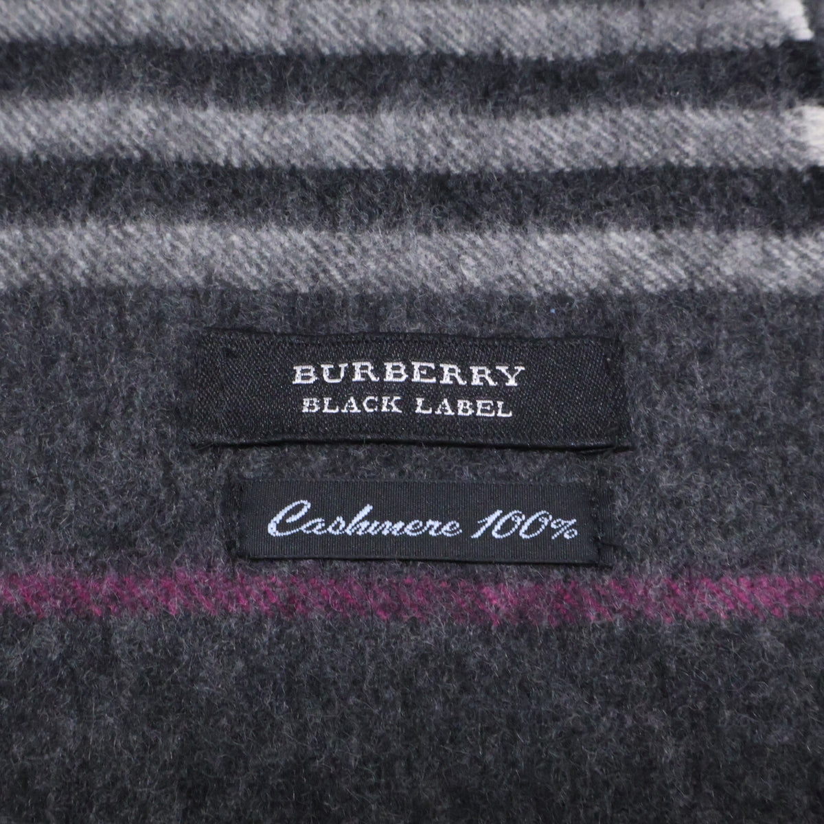 Burberry Black Label バーバリーブラックレーベル ロゴ刺繍 ボーダー カシミヤ フリンジ マフラー