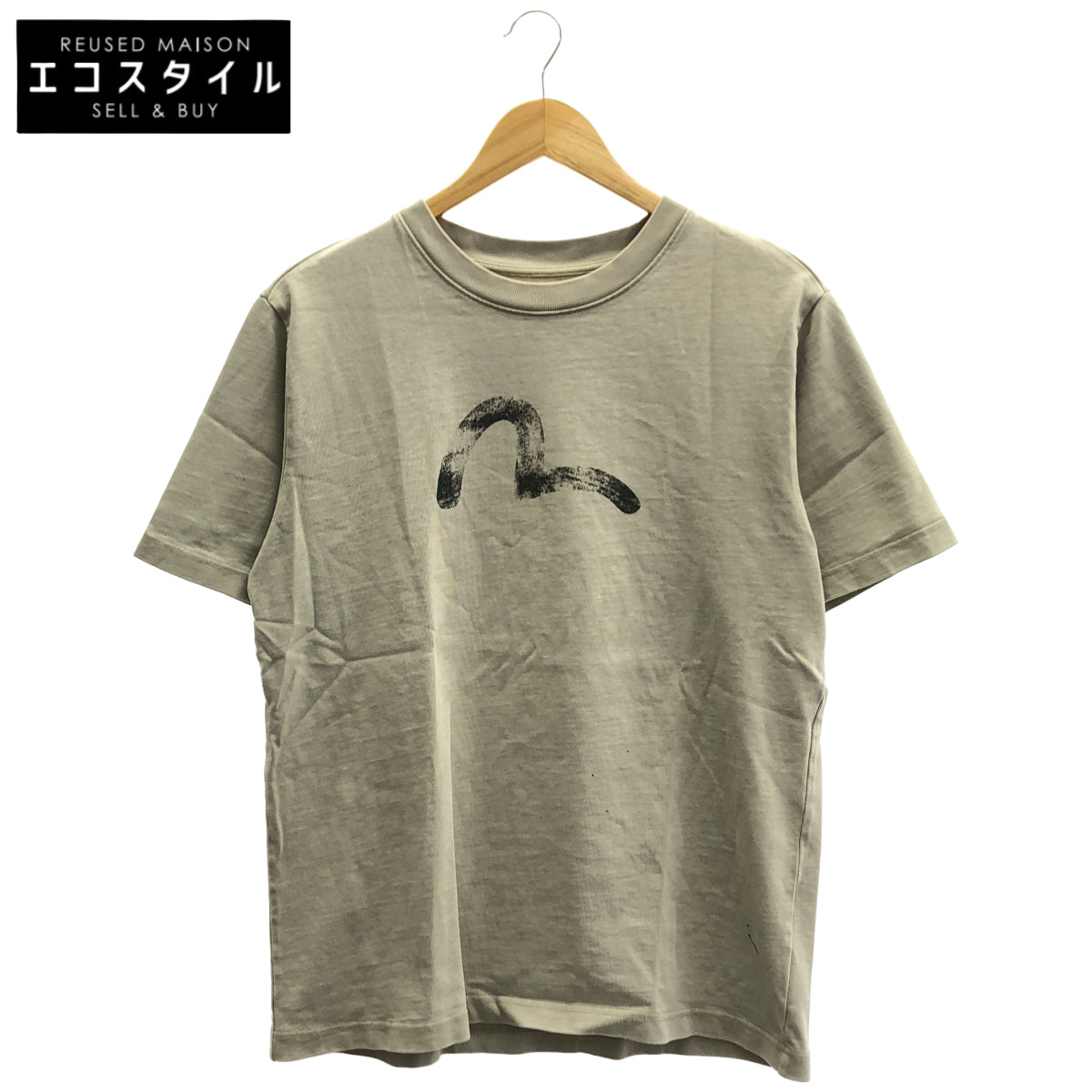 EVISU エヴィス ベージュ コットン100 手描きカモメプリント リラックスフィット Tシャツ トップス