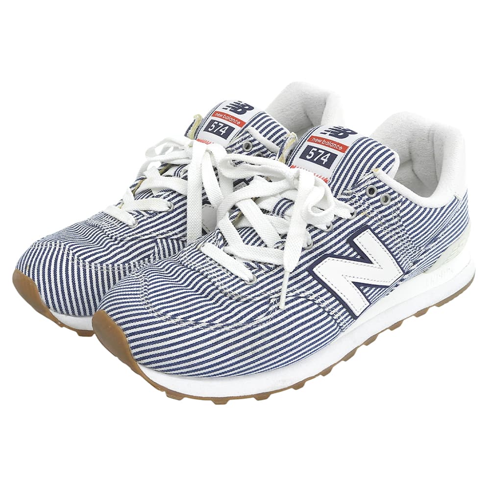 NEW BALANCE ニューバランス 美品 ヒッコリー柄 スニーカー シューズ メンズ ホワイト/ネイビー 27cm ML574YLH シューズ