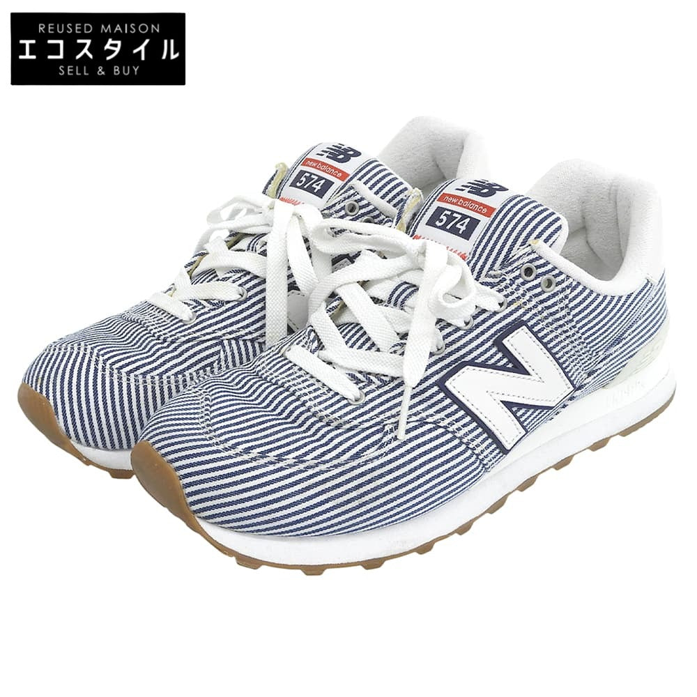 NEW BALANCE ニューバランス 美品 ヒッコリー柄 スニーカー シューズ メンズ ホワイト/ネイビー 27cm ML574YLH シューズ