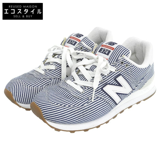 NEW BALANCE ニューバランス 美品 ヒッコリー柄 スニーカー シューズ メンズ ホワイト/ネイビー 27cm ML574YLH シューズ