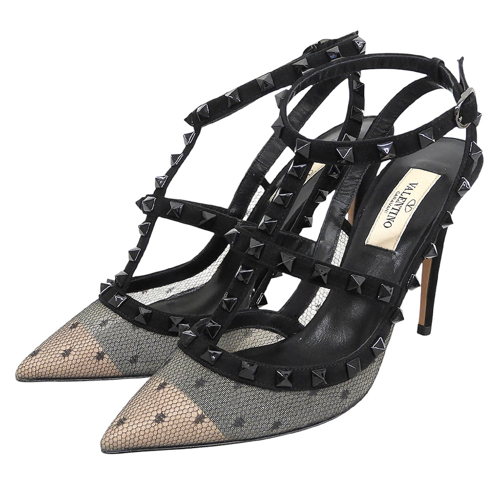 Valentino Garavani ヴァレンティノガラヴァーニ 新品同様 ロックスタッズ レース アンクルストラップ ヒール パンプス 黒 36 1/2 TW2S0393 シューズ