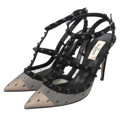 Valentino Garavani ヴァレンティノガラヴァーニ 新品同様 ロックスタッズ レース アンクルストラップ ヒール パンプス 黒 36 1/2 TW2S0393 シューズ