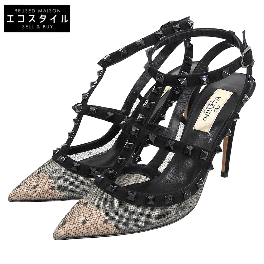 Valentino Garavani ヴァレンティノガラヴァーニ 新品同様 ロックスタッズ レース アンクルストラップ ヒール パンプス 黒 36 1/2 TW2S0393 シューズ