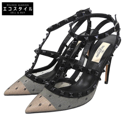Valentino Garavani ヴァレンティノガラヴァーニ 新品同様 ロックスタッズ レース アンクルストラップ ヒール パンプス 黒 36 1/2 TW2S0393 シューズ