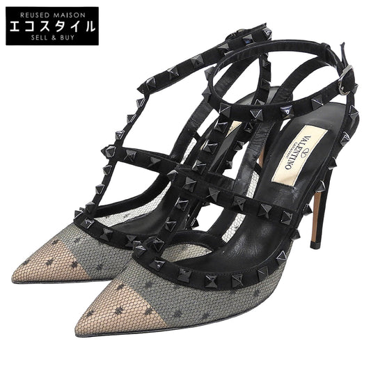 Valentino Garavani ヴァレンティノガラヴァーニ 新品同様 ロックスタッズ レース アンクルストラップ ヒール パンプス 黒 36 1/2 TW2S0393 シューズ