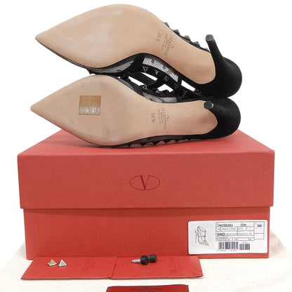Valentino Garavani ヴァレンティノガラヴァーニ 新品同様 ロックスタッズ レース アンクルストラップ ヒール パンプス 黒 36 1/2 TW2S0393 シューズ