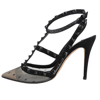 Valentino Garavani ヴァレンティノガラヴァーニ 新品同様 ロックスタッズ レース アンクルストラップ ヒール パンプス 黒 36 1/2 TW2S0393 シューズ