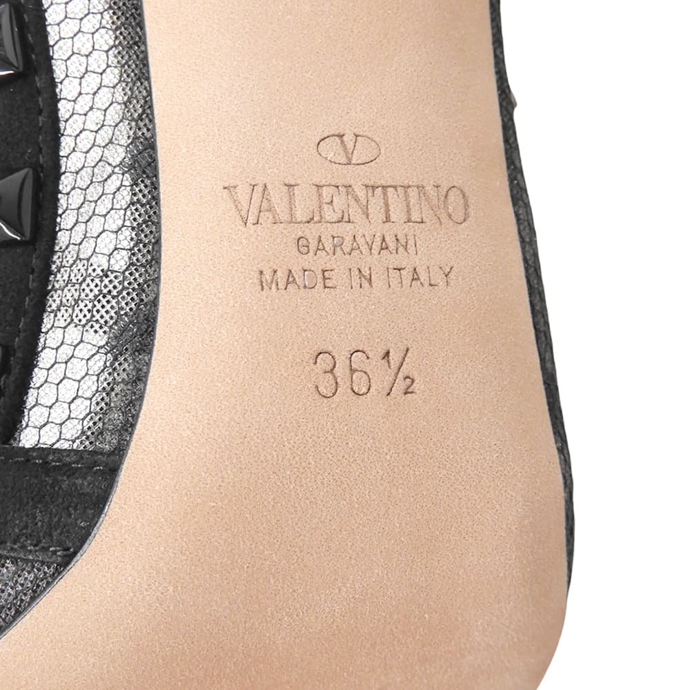 Valentino Garavani ヴァレンティノガラヴァーニ 新品同様 ロックスタッズ レース アンクルストラップ ヒール パンプス 黒 36 1/2 TW2S0393 シューズ