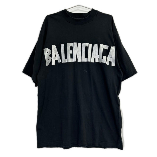 BALENCIAGA バレンシアガ 24年 739784 ブラック USED加工 テープロゴ Tシャツ トップス