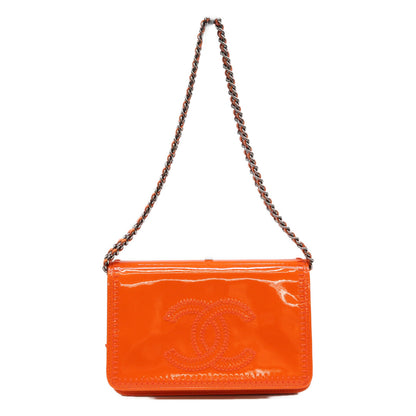 CHANEL シャネル 19番台 オレンジ ココマーク ステッチ パテント チェーンウォレット ショルダーバッグ