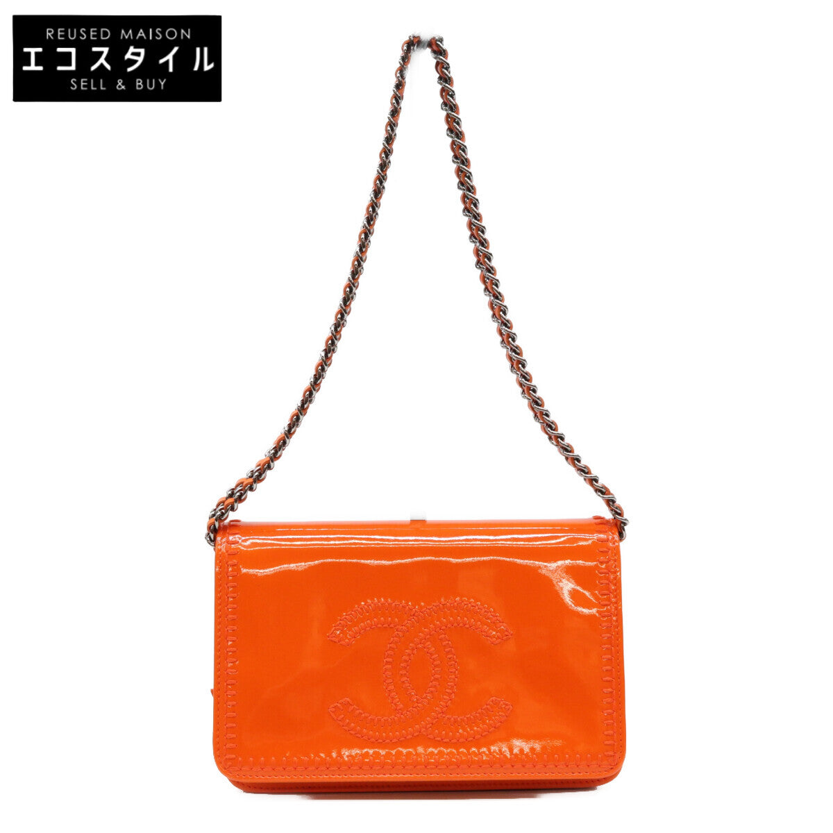 CHANEL シャネル 19番台 オレンジ ココマーク ステッチ パテント チェーンウォレット ショルダーバッグ